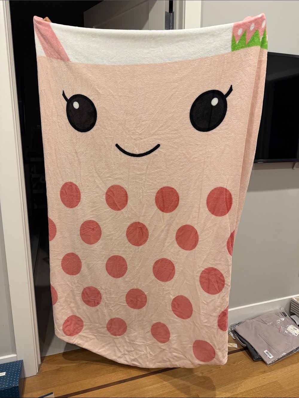BNWOT. Kawaii Pink Polka Dot Bubble Tea Plush Throw